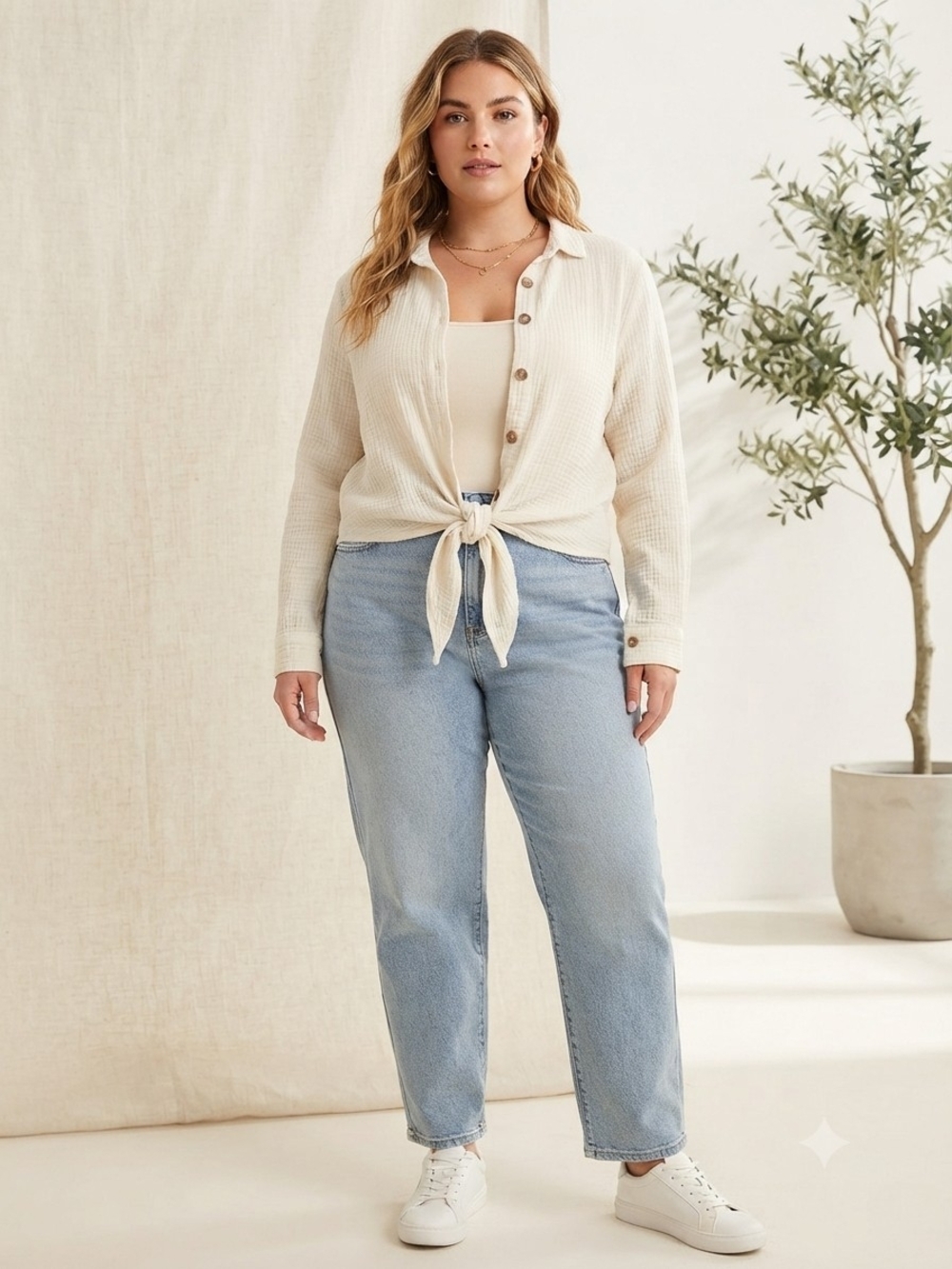 Just My Size Cream Button-Front Tie Shirt